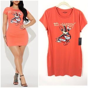 Ed Hardy Baby Tee Shirt Dress Born Free Bird Womens Size XL Apricot Y2K Graphic
